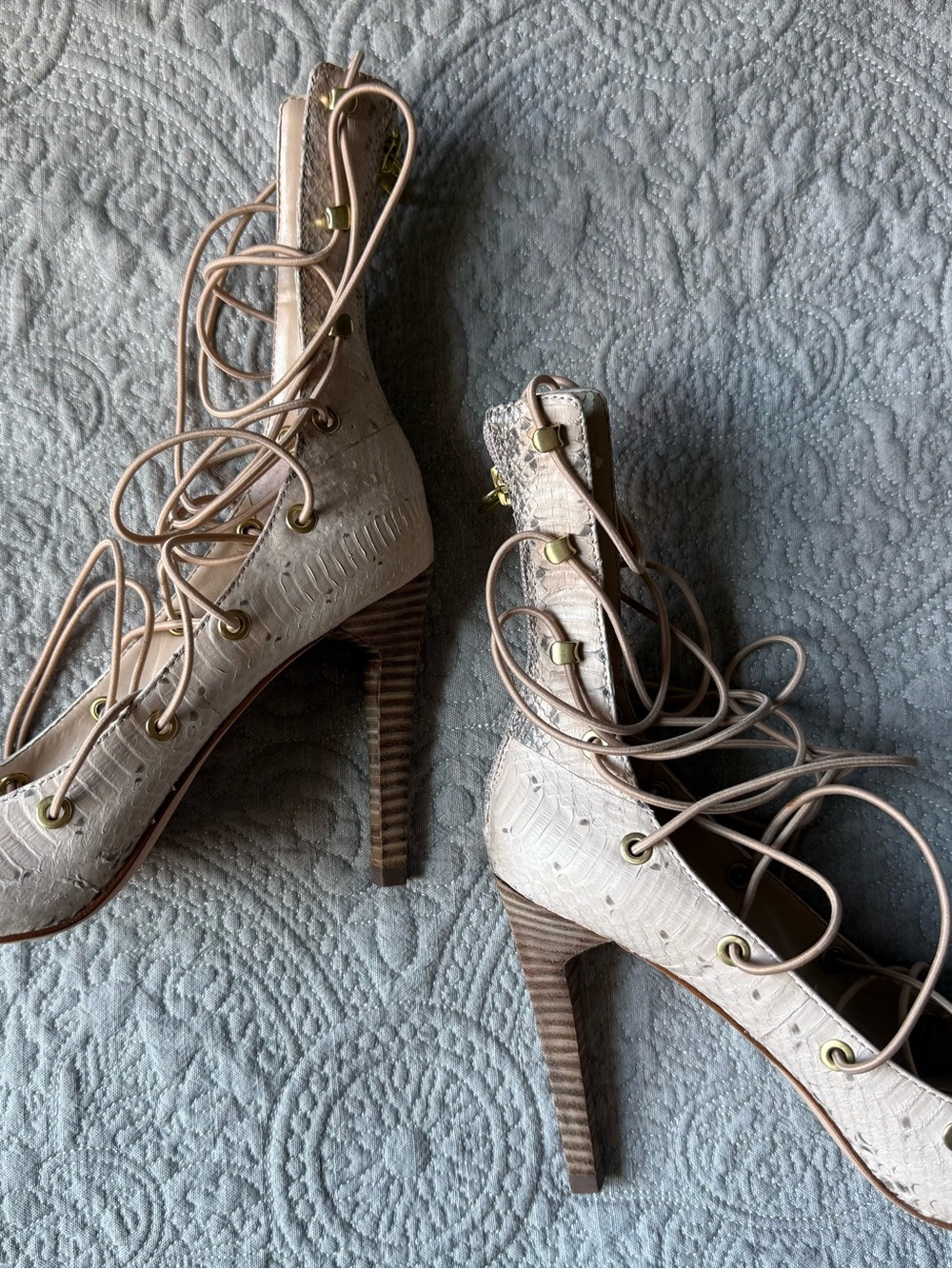 BCBGMAXAZRIA Nude Lace-Up Women's faux snake Sandals with Gold Accents